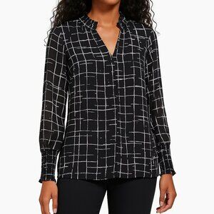 CALVIN KLEIN (L) Black White Geometric Print Chiffon Peasant Blouse Top Tie-Neck